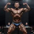MetroMalewear muscle trunk competition briefs in blue and gold with greek key pattern for athletic use