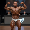 A muscular man wearing shiny silver MetroMaleWear MetroMuscleWear muscle trunk briefs with decorative belt buckle