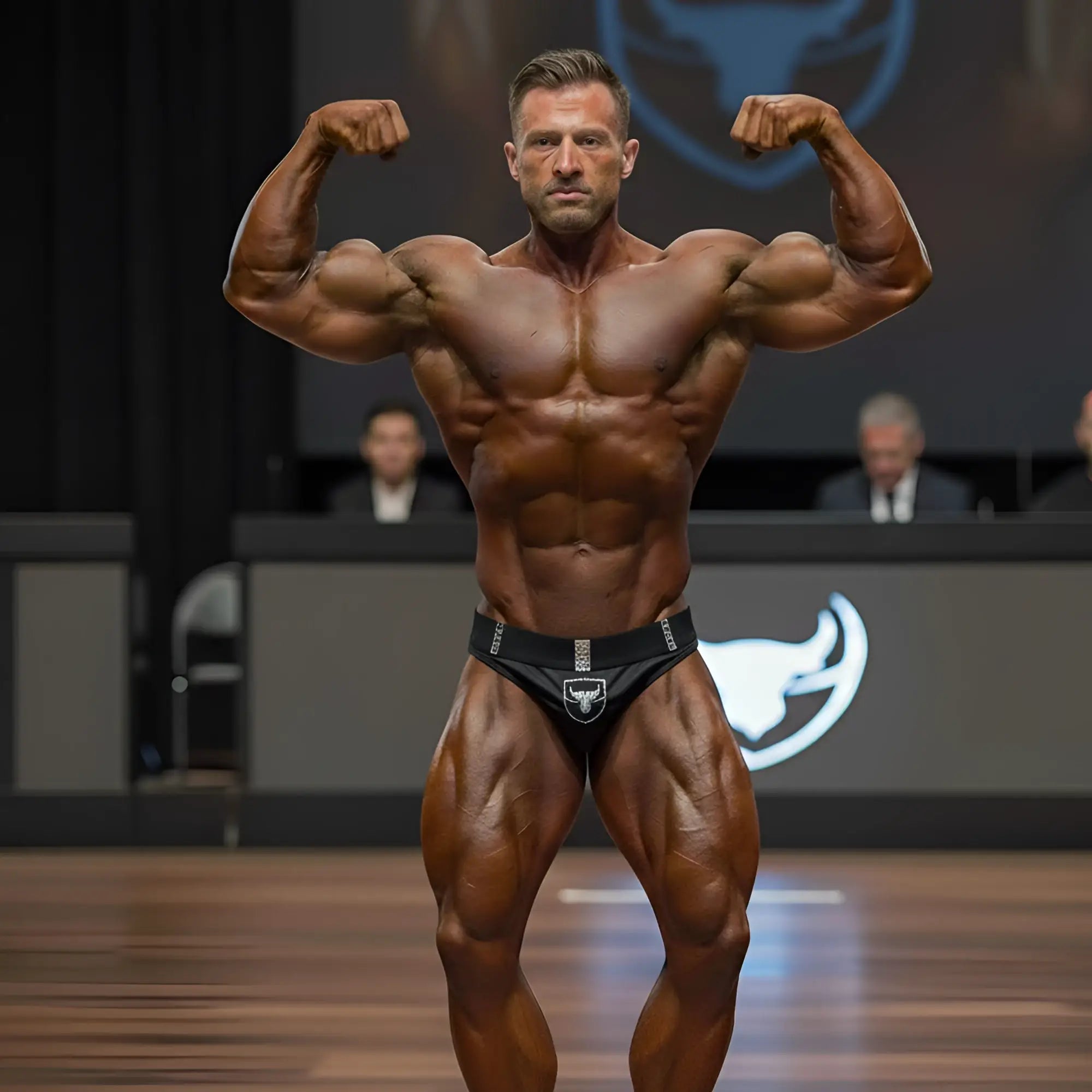 A muscular man flexing in black MetroMaleWear MetroMuscleWear obsidiana competition briefs with white bull logo