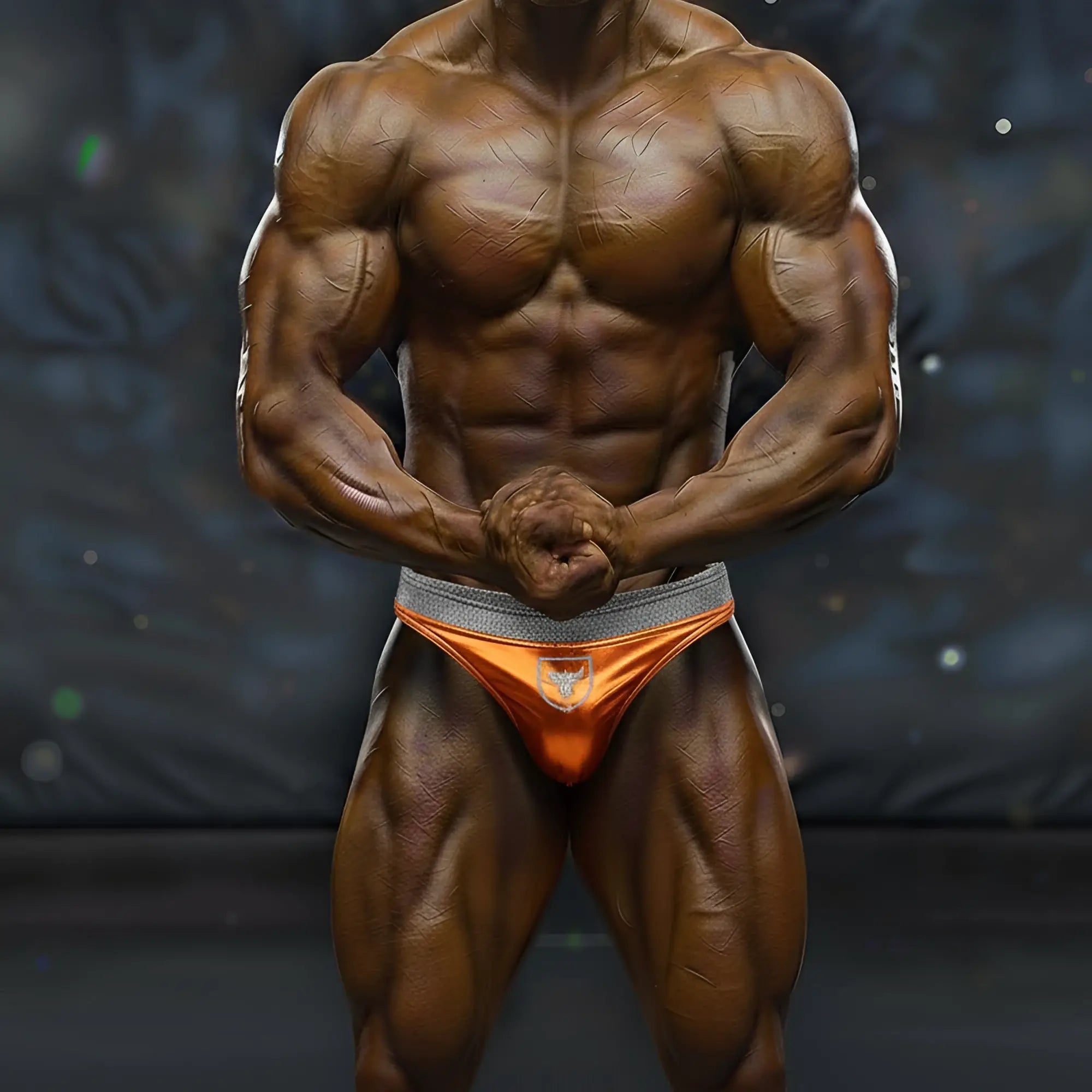 Orange athletic briefs with gray waistband and white logo metro malewear metromusclewear muscle trunk ochre 4700-14
