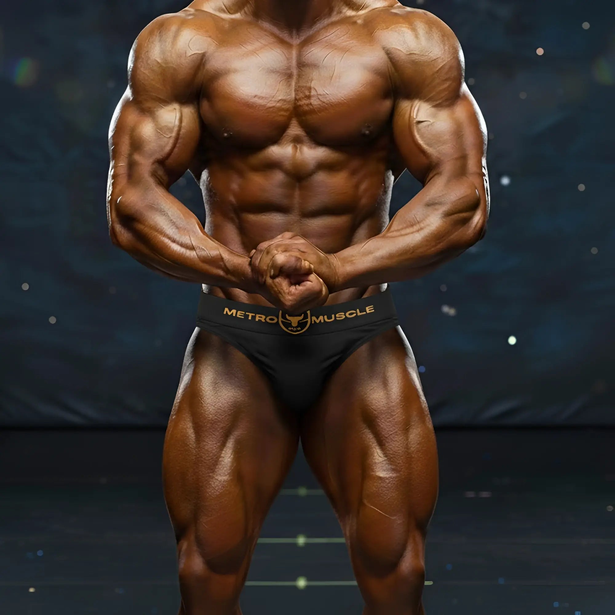 Black athletic muscle trunk briefs with gold metro muscle branding and bull logo by metro malewear