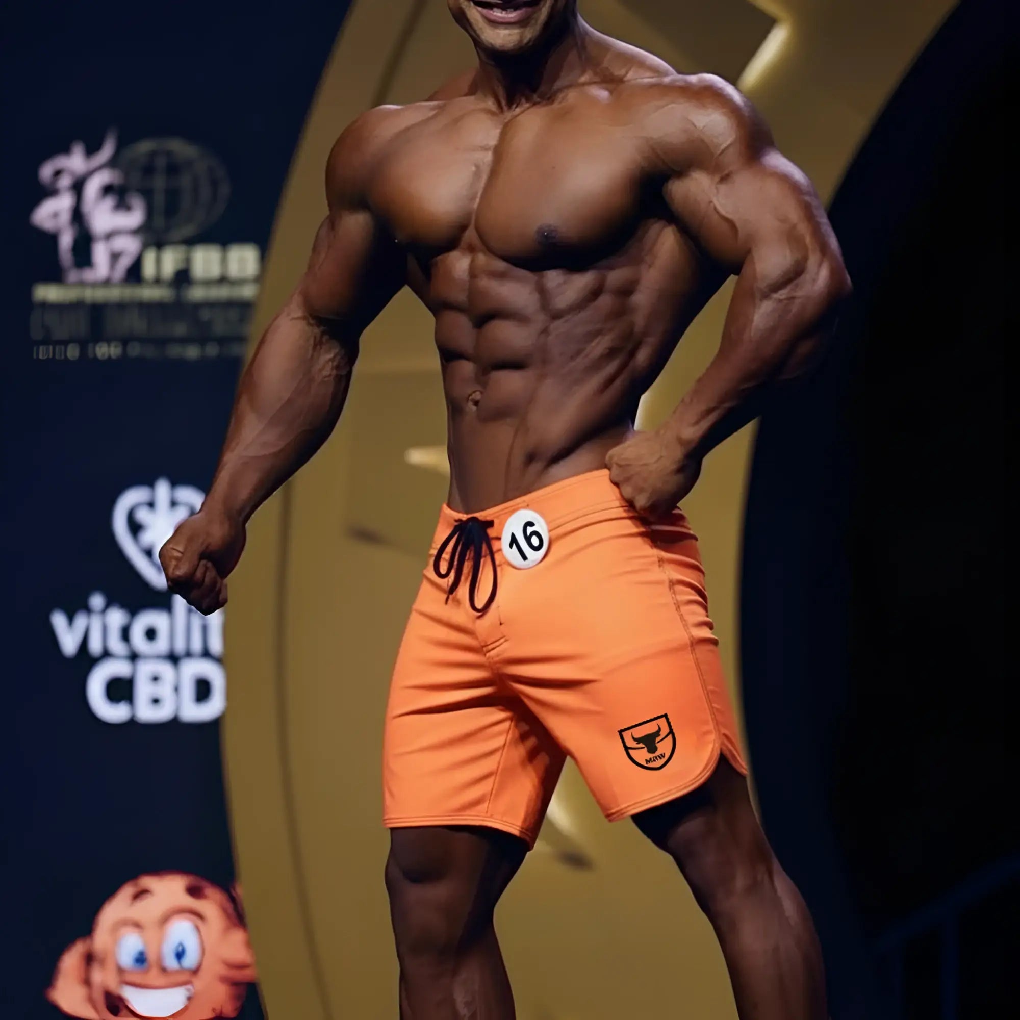Orange MetroMaleWear MetroMuscleWear physique board short with black drawstring and small shield logo on lower right leg