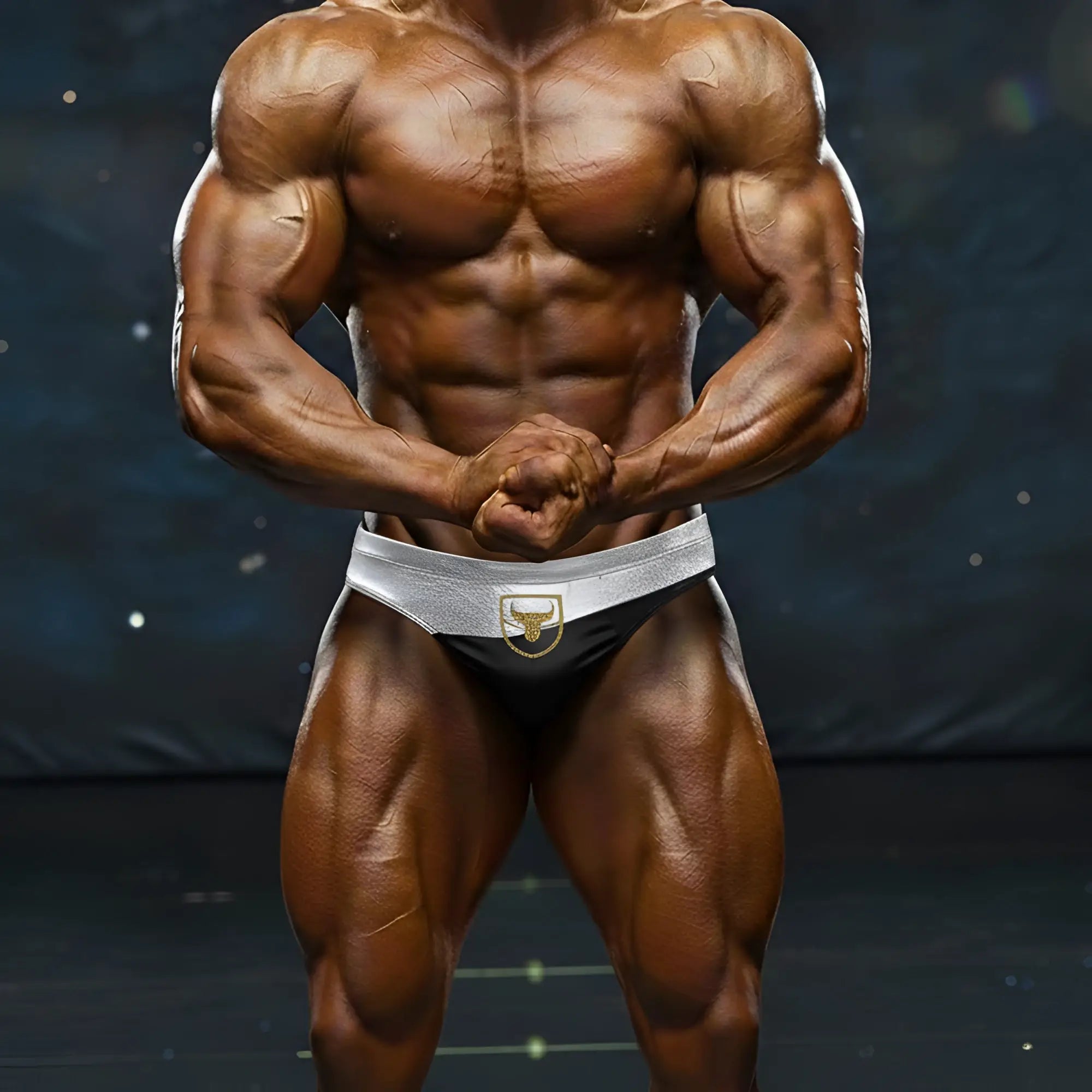 Black and silver athletic briefs with gold bull logo on waistband from metromalewear samuel competition suit 4974-03
