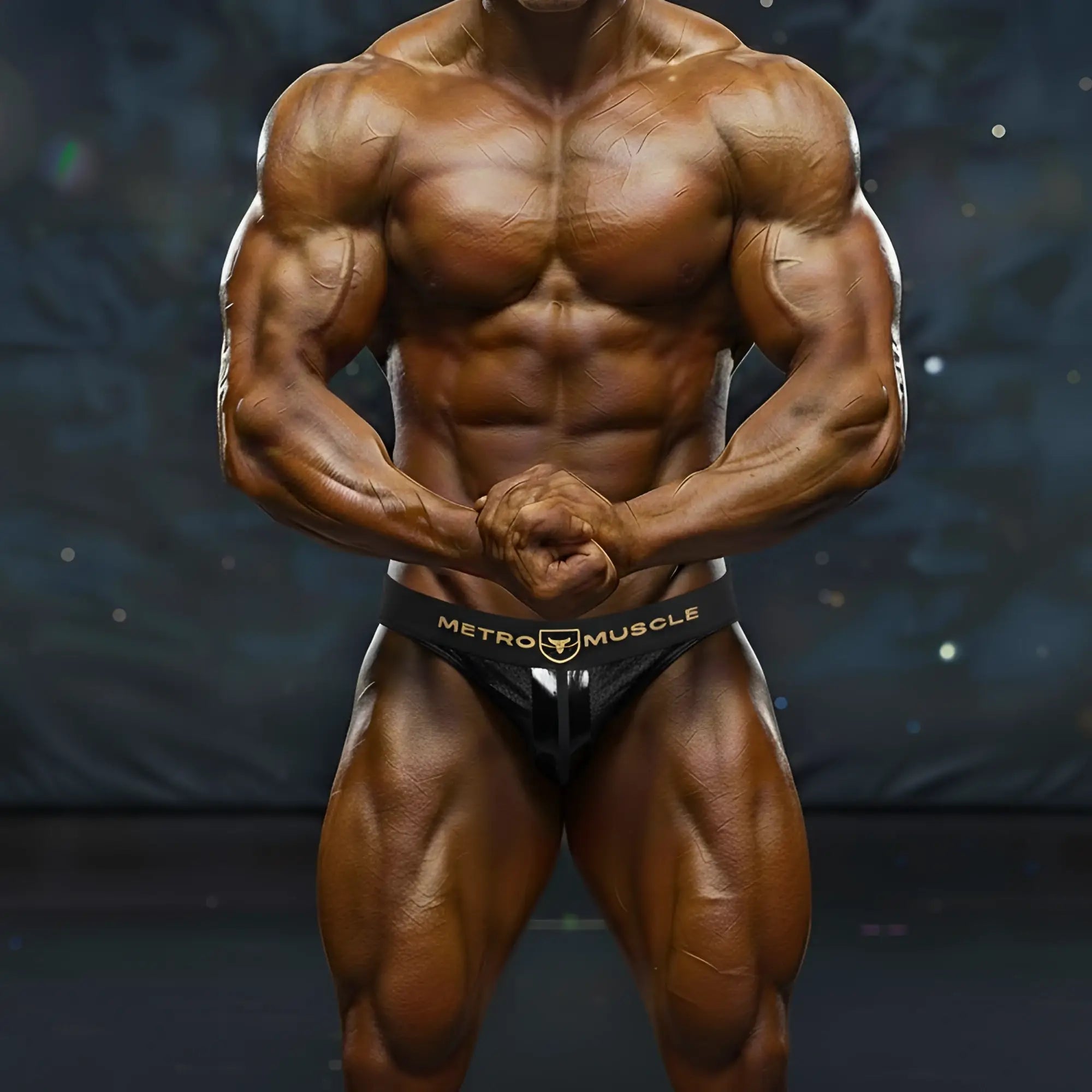 Black metro muscle briefs with gold metro malewear logo and central seam for competition wear
