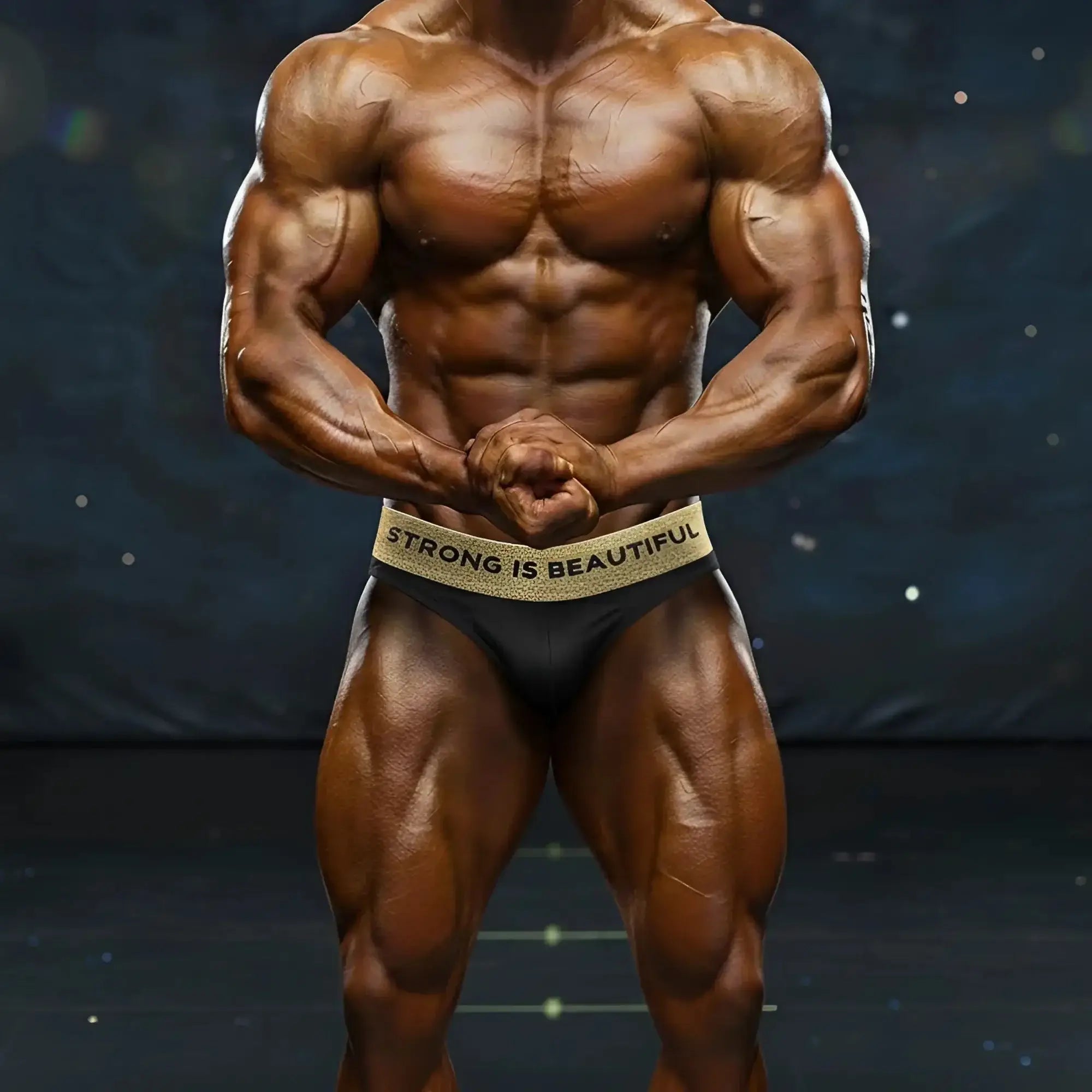 Black metromalewear metro musclewear briefs with gold waistband and strong is beautiful text for competition use