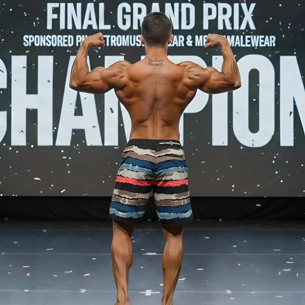A muscular man wearing metromalewear metromusclewear tiger physique board shorts in blue red and beige camouflage pattern