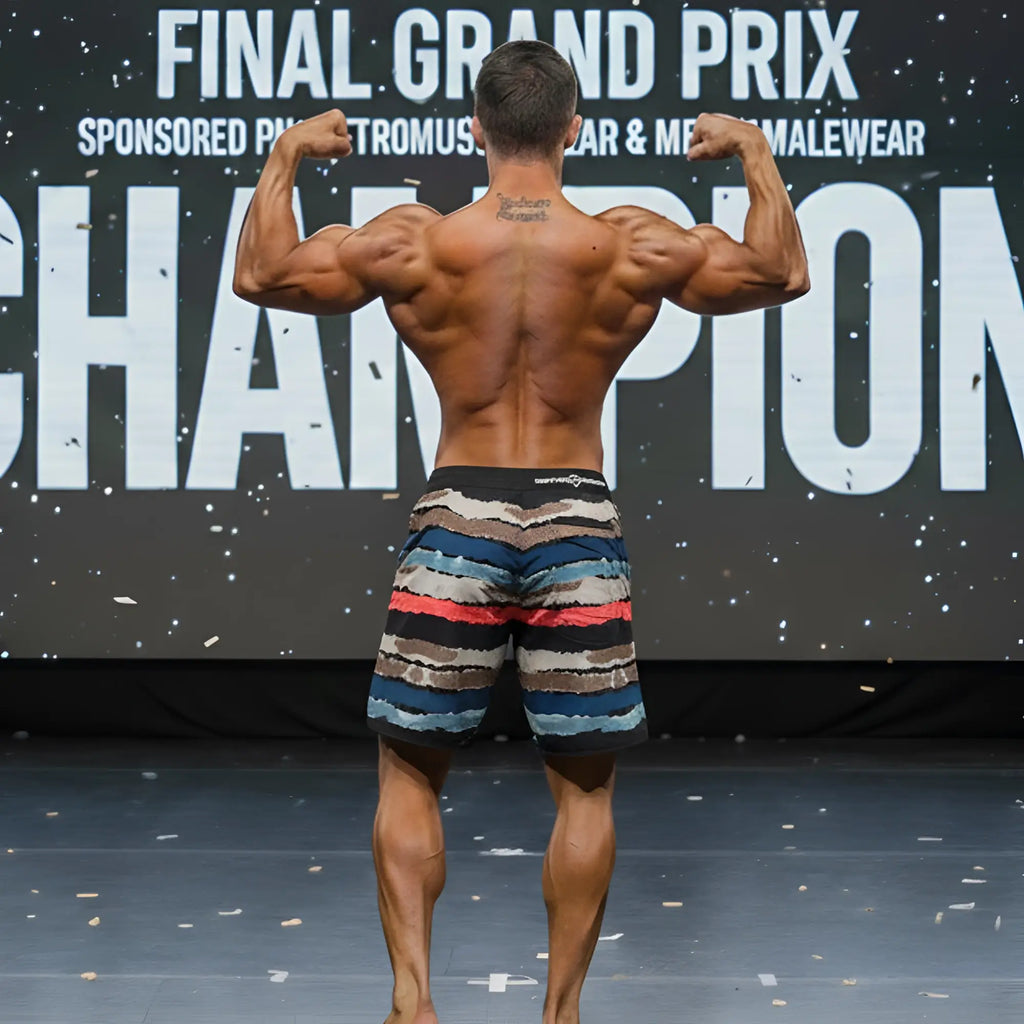 A muscular man wearing metromalewear metromusclewear tiger physique board shorts in blue red and beige camouflage pattern
