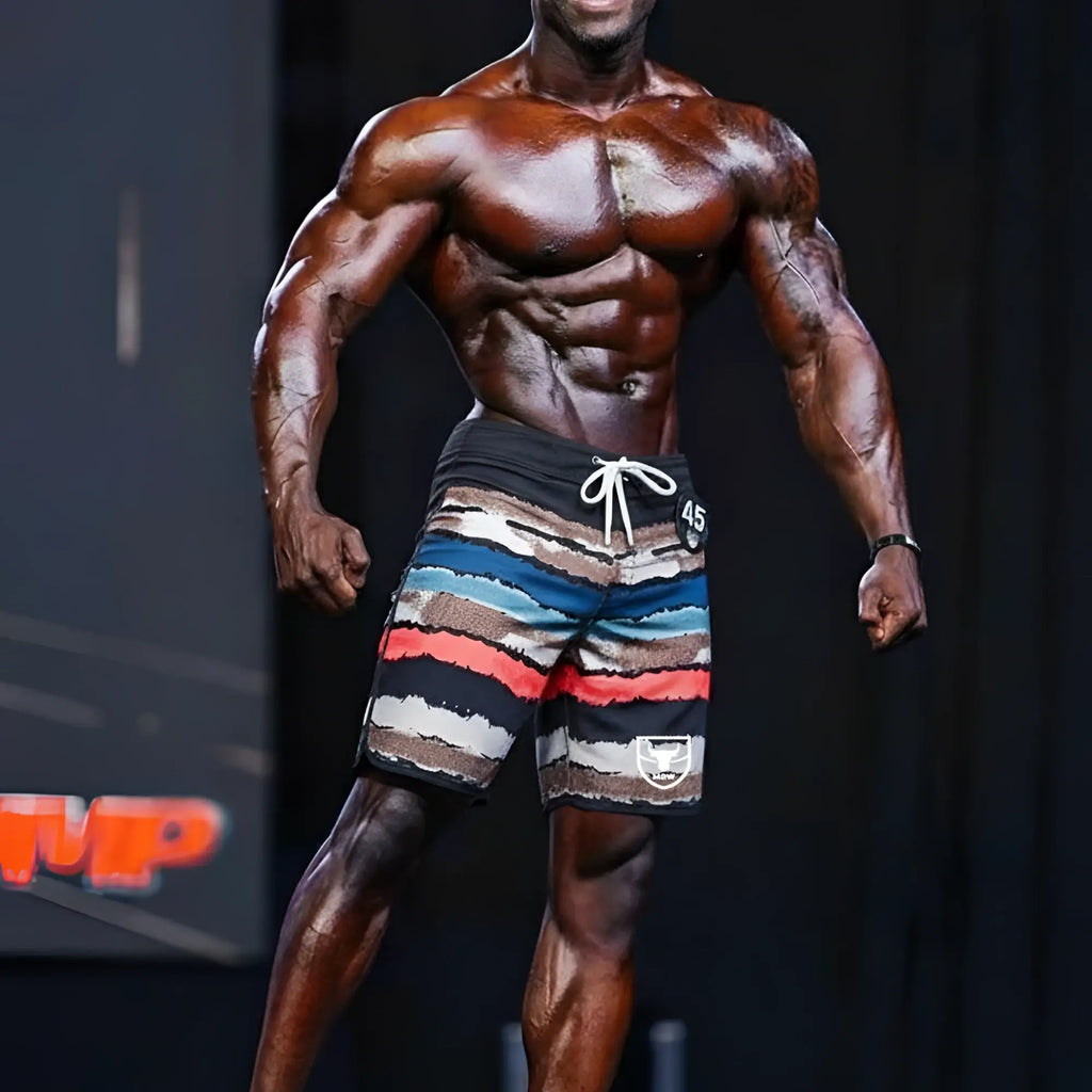 Striped swim trunks with black blue red and beige bands and white drawstring metroMalewear metromusclewear tiger physique board short 4716-70