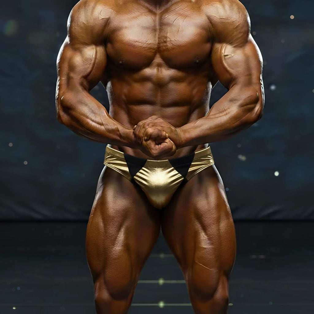 MetroMaleWear MetroMuscleWear Zeus muscle trunk gold shiny metallic briefs with black triangular accents front view
