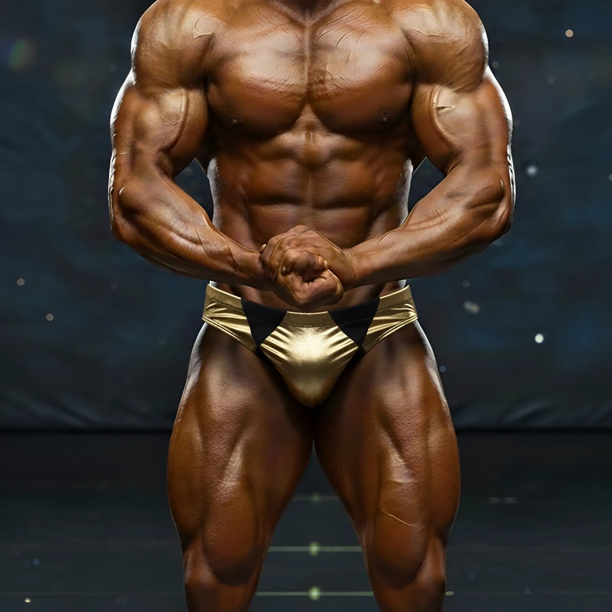 MetroMaleWear MetroMuscleWear Zeus muscle trunk gold shiny metallic briefs with black triangular accents front view