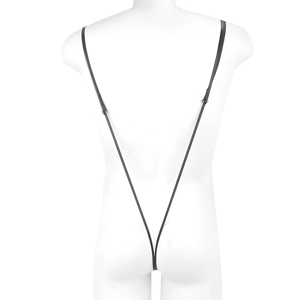Black leather strap with adjustable metal clasps and white cylindrical attachment on metroMalewear miami bodysuit black 0008-20