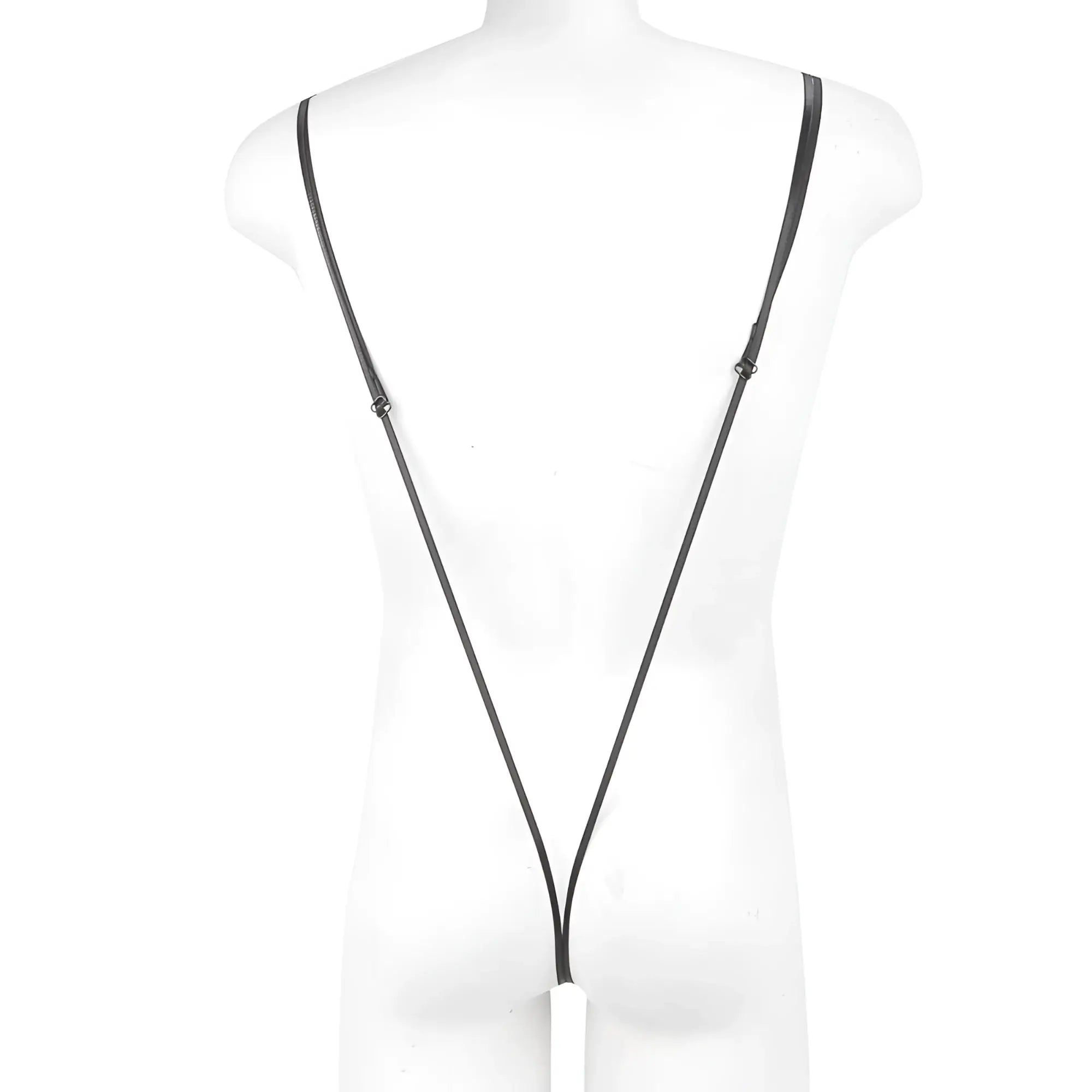 Black leather strap with adjustable metal clasps and white cylindrical attachment on metroMalewear miami bodysuit black 0008-20