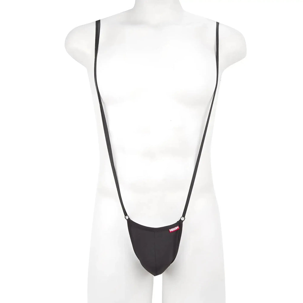 Black fabric suspenders with a single narrow strap design from metromalewear miami bodysuit black 0008-20