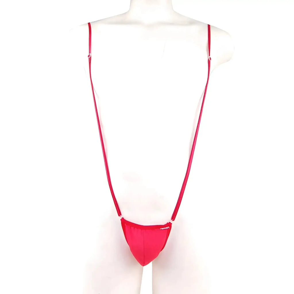Bright pink mens string bikini with thin straps and snug fit from MetroMaleWear Miami Bodysuit red 0008-12