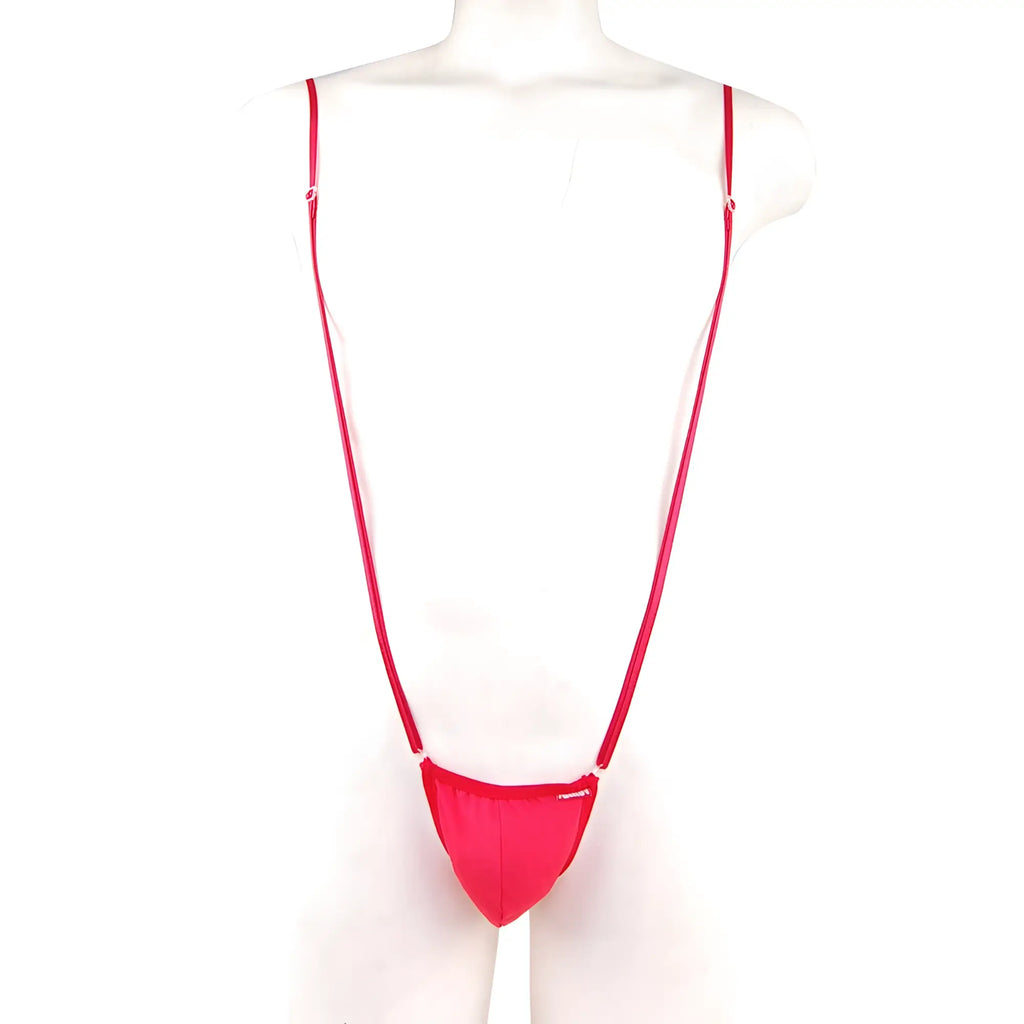 Bright pink mens string bikini with thin straps and snug fit from MetroMaleWear Miami Bodysuit red 0008-12