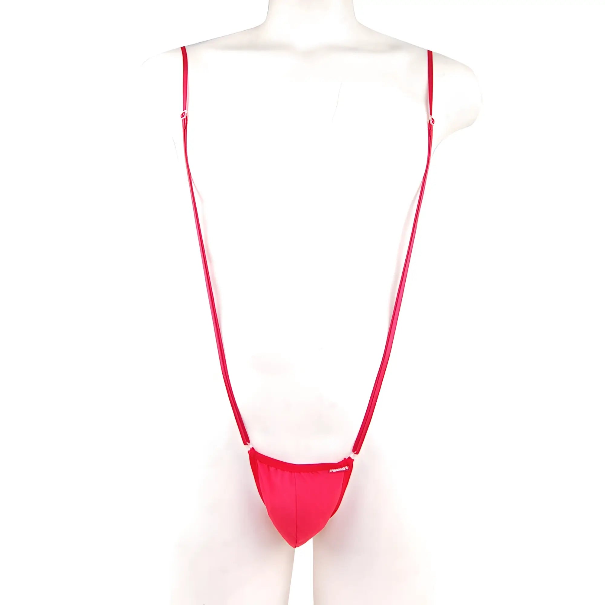 Bright pink mens string bikini with thin straps and snug fit from MetroMaleWear Miami Bodysuit red 0008-12