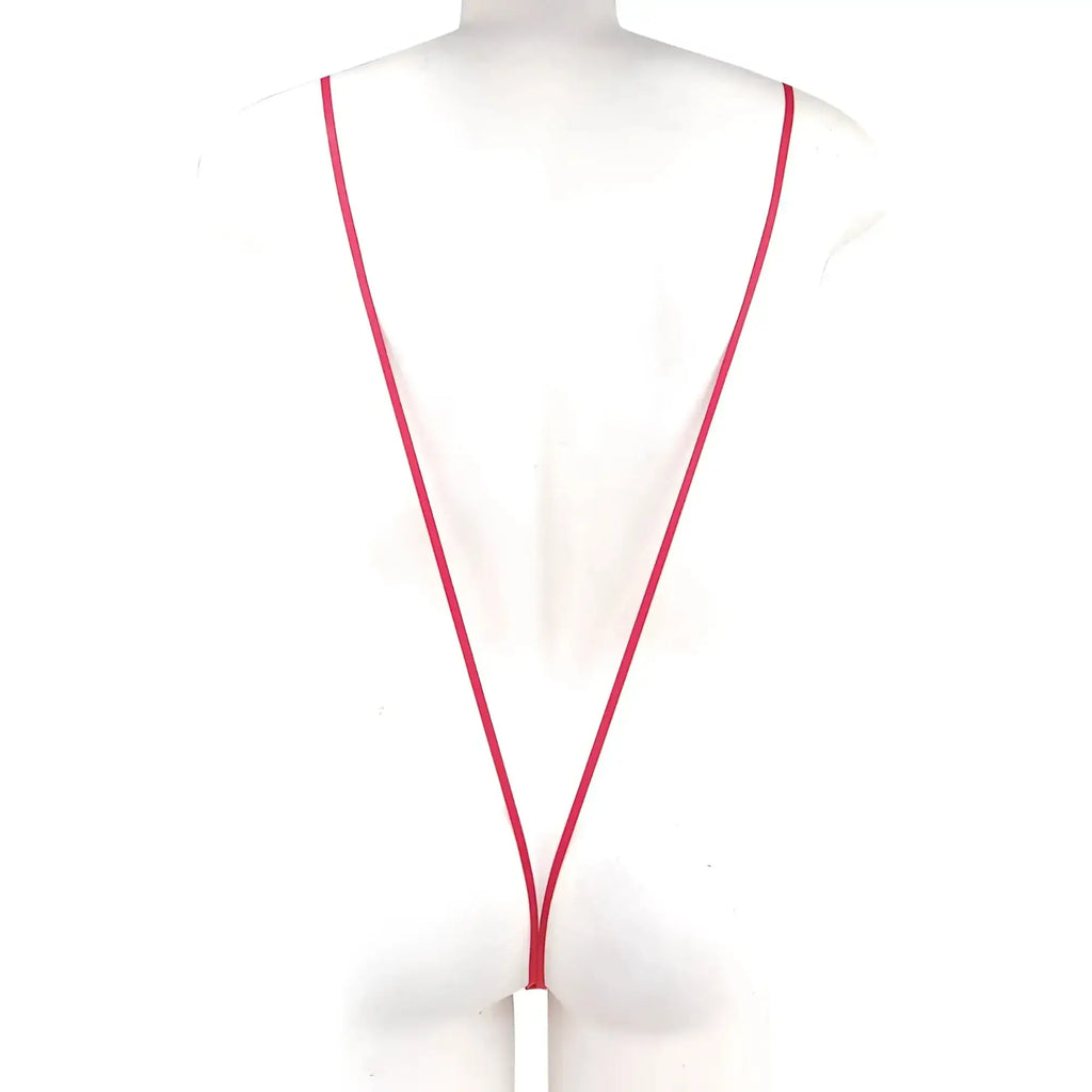 A sleek vibrant red metro malewear miami bodysuit with a minimalist white rectangular tag on a lanyard