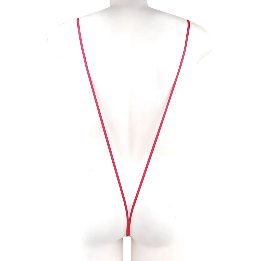 A sleek vibrant red metro malewear miami bodysuit with a minimalist white rectangular tag on a lanyard