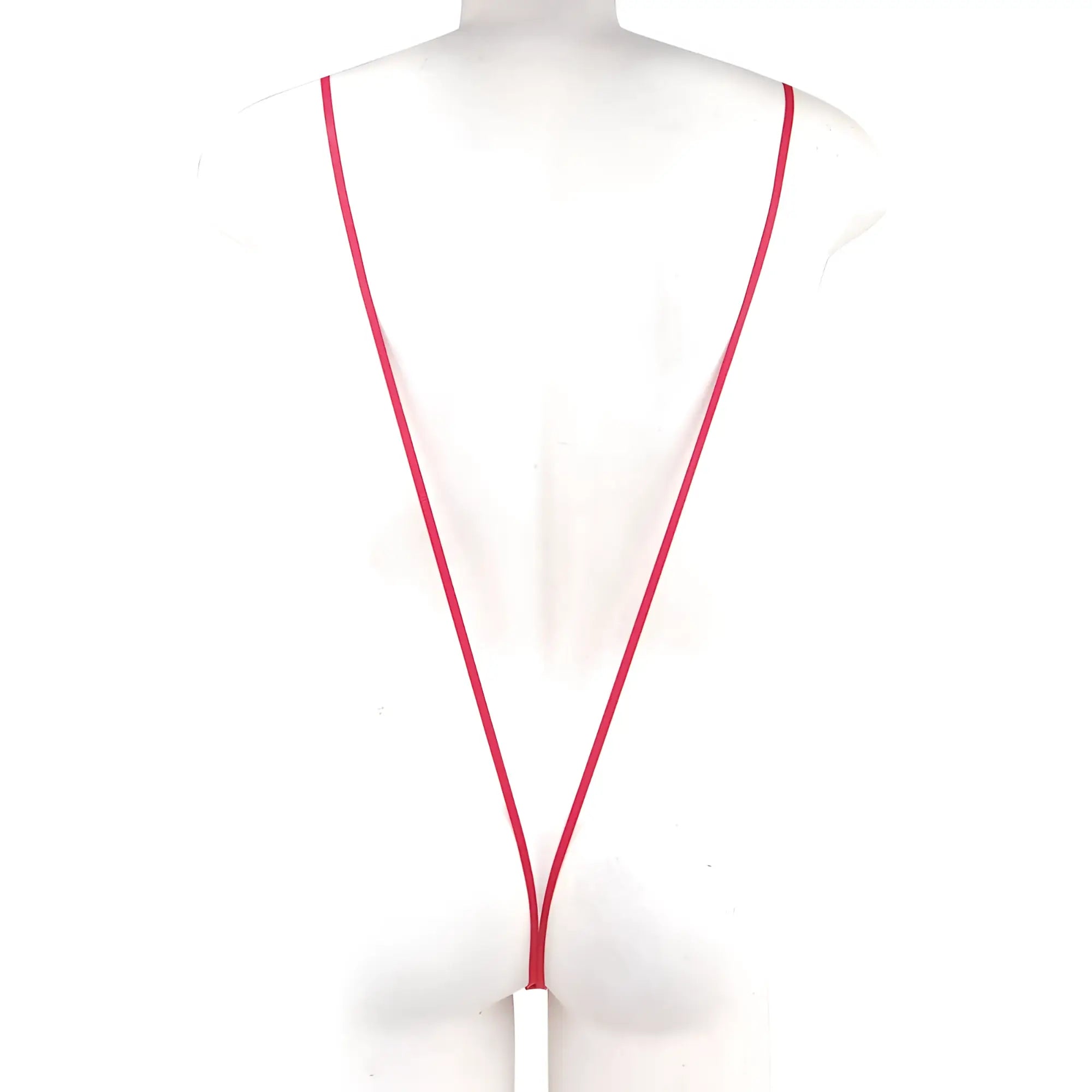 A sleek vibrant red metro malewear miami bodysuit with a minimalist white rectangular tag on a lanyard