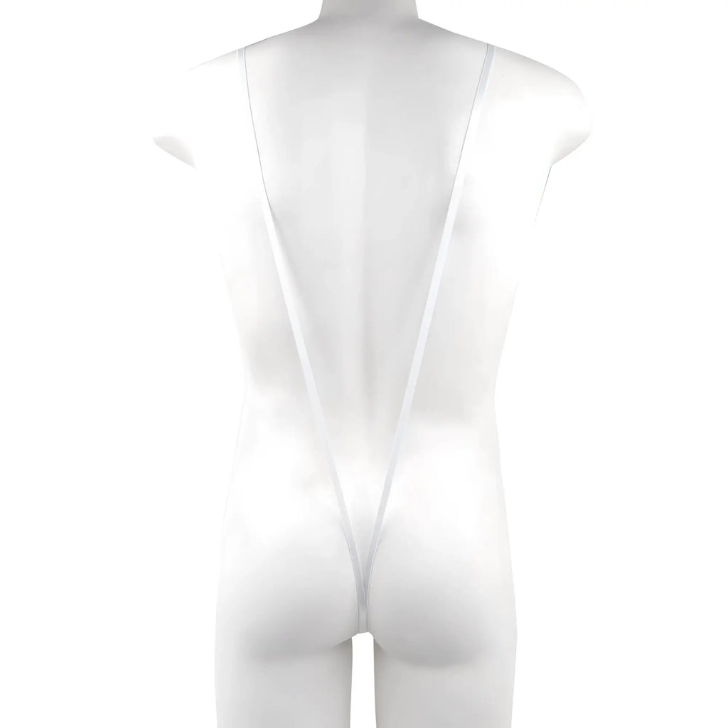 White sheer one-piece swimsuit with thin straps and deep back cutout shown from the back by Metromalewear Miami