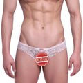 White lace thong with floral pattern and small red brand tag at waistband from MetroMaleWear Micro Cheek Lace Nude 2027-50