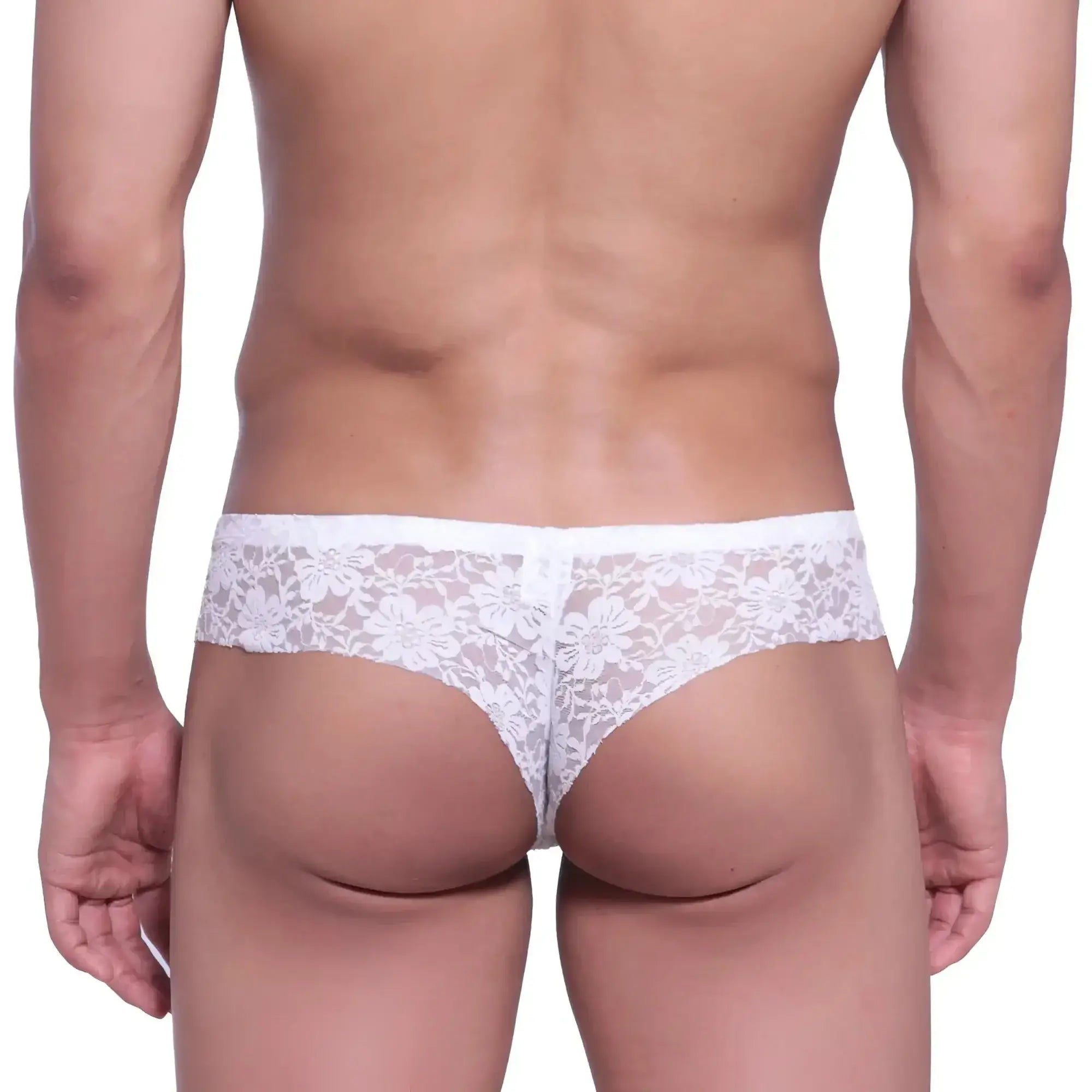 White floral lace thong featuring micro cheek design made from delicate lace by MetroMaleWear model 2027-49
