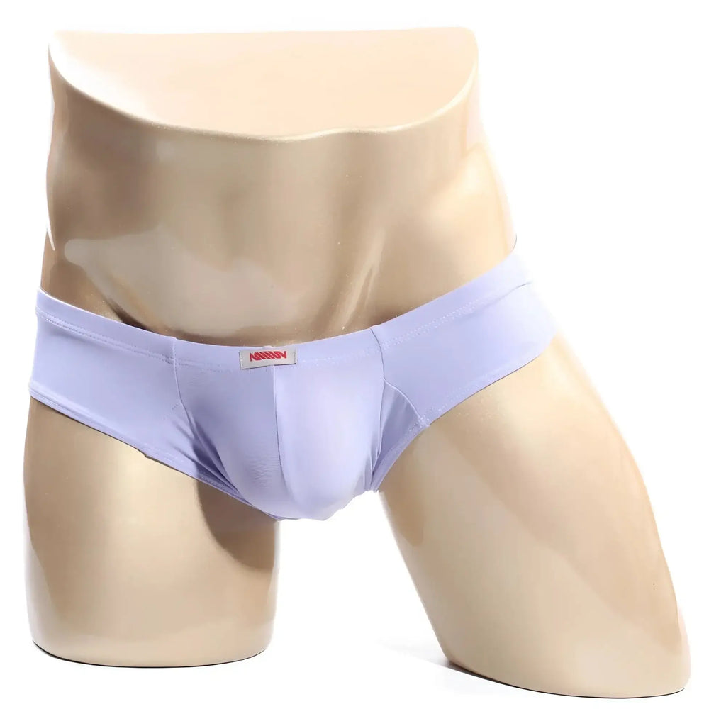 Light purple smooth textured mens briefs with subtle elastic waistband and small red logo tag from MetroMaleWear Micro Cheek