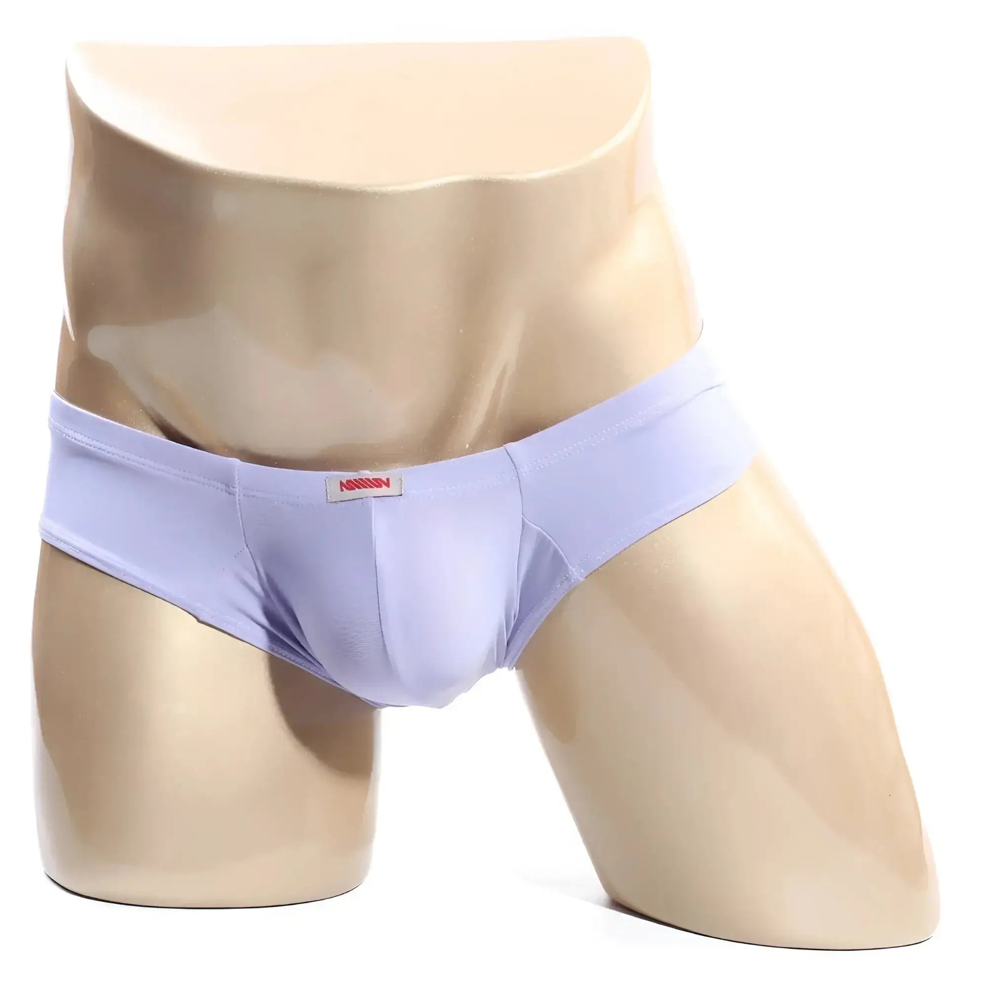 Light purple smooth textured mens briefs with subtle elastic waistband and small red logo tag from MetroMaleWear Micro Cheek