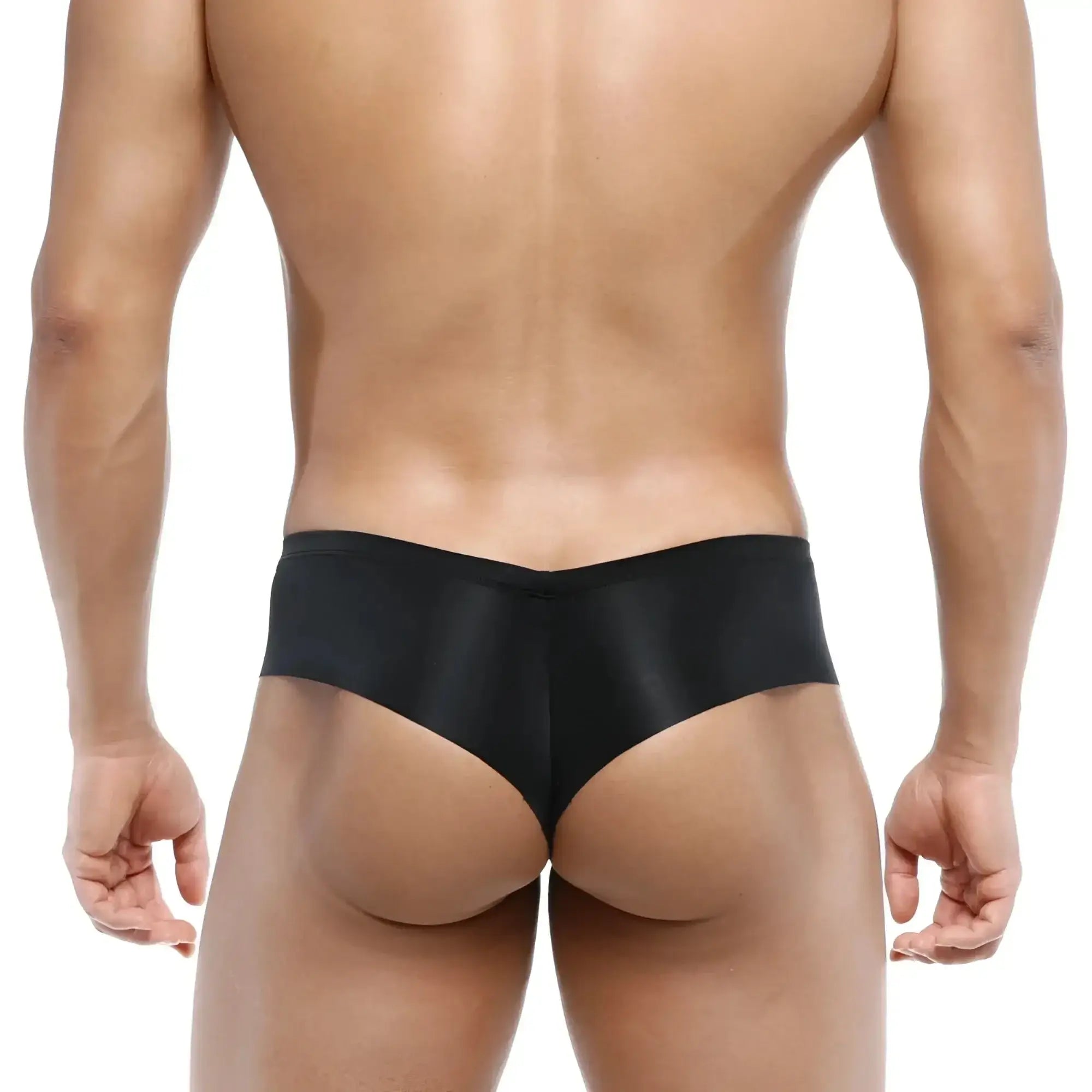Black satin briefs with a sleek smooth finish from metromalewear micro cheek naked collection 2027-30
