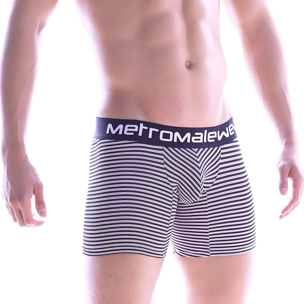 Metro male wear micro long black stripe boxer briefs with navy waistband and white brand name lettering