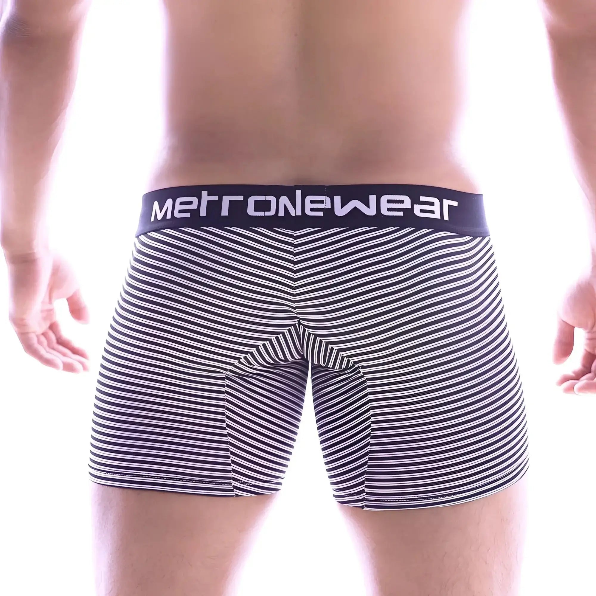 MetroMaleWear micro long boxer black stripe men’s boxer briefs with black and white stripes and navy waistband