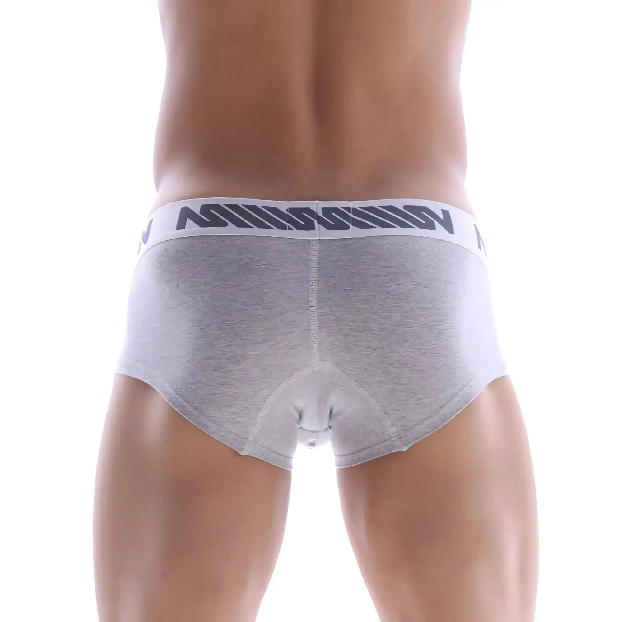 MetroMaleWear micro mini boxer briefs in core grey heather with white elastic waistband and dark gray lettering