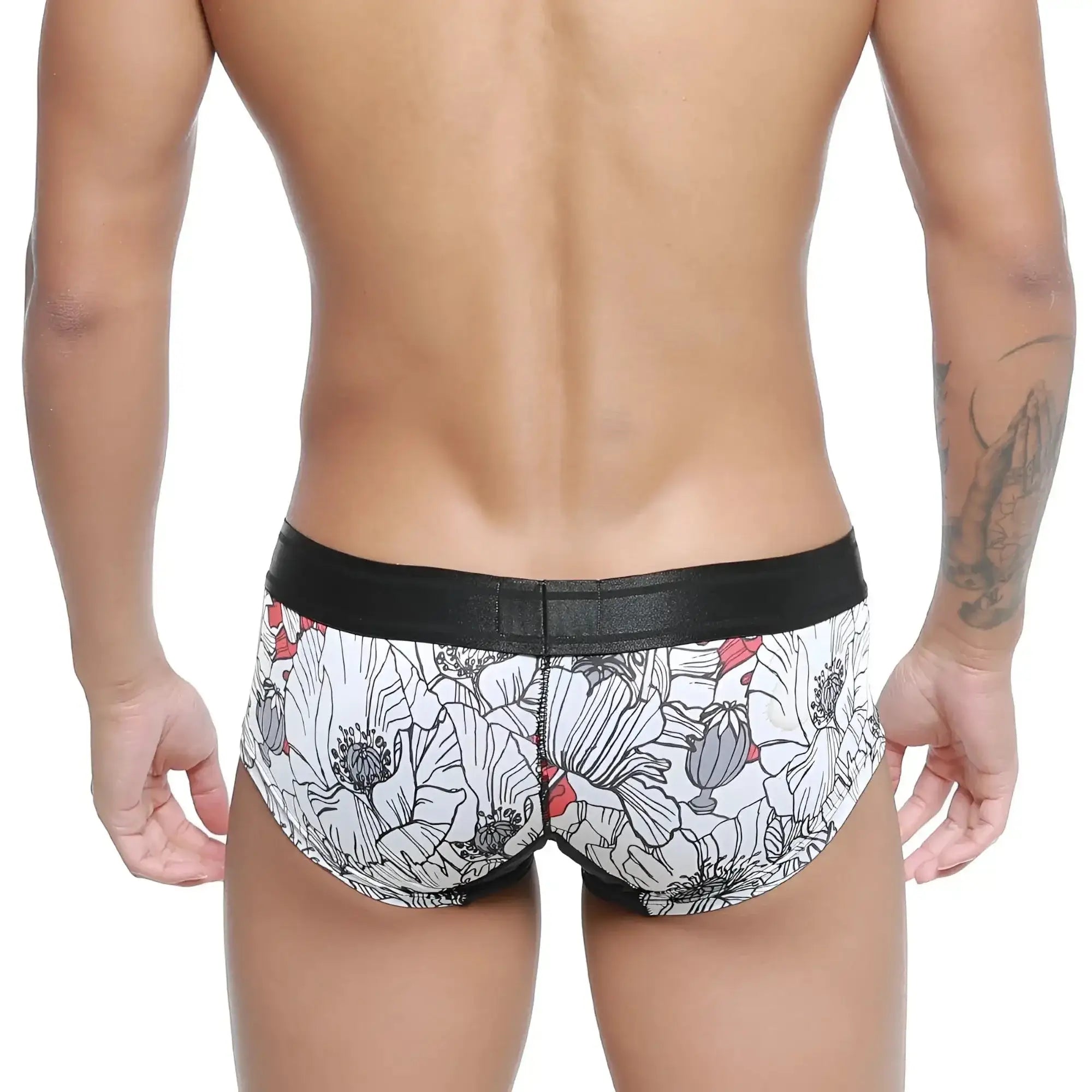 White metro male wear micro mini boxer escobar 7013-03 with black waistband and gray white red poppy floral pattern