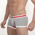 Metro male wear micro mini boxer briefs in gray heathered fabric with red and white striped waistband and logo patch