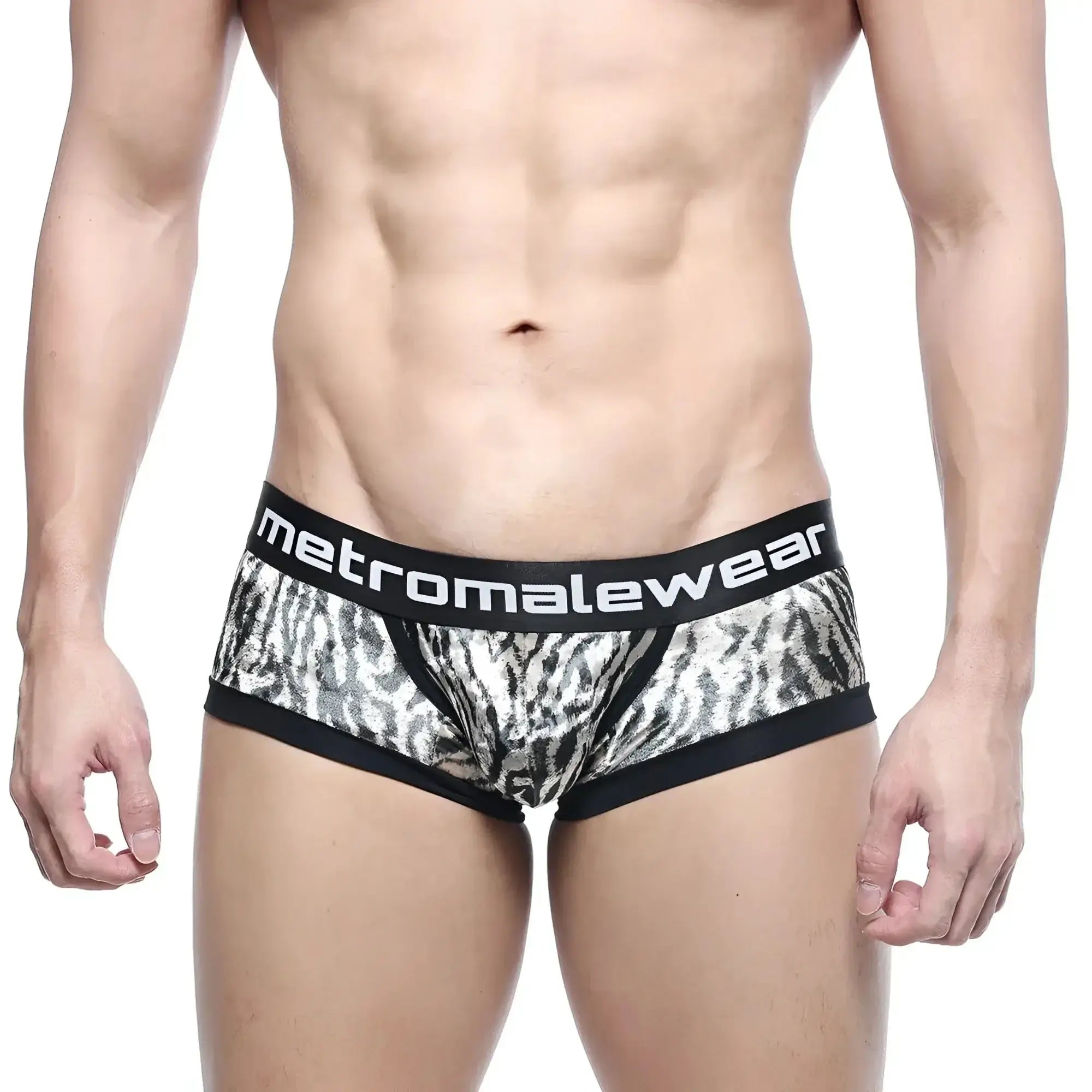 Black and silver zebra-print MetroMaleWear micro mini boxer briefs with a black elastic waistband featuring the logo