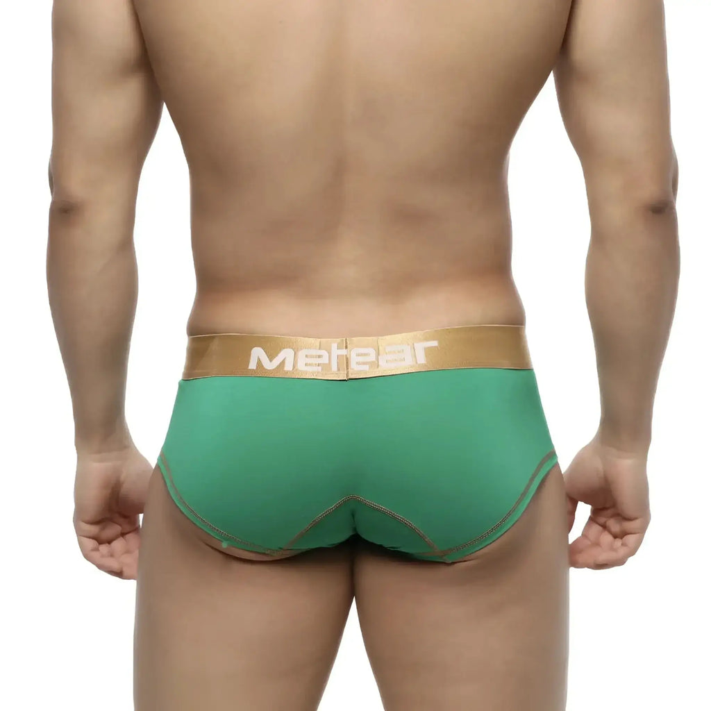 Green metear metro malewear micro mini boxer briefs in green with gold waistband and matching stitching front view