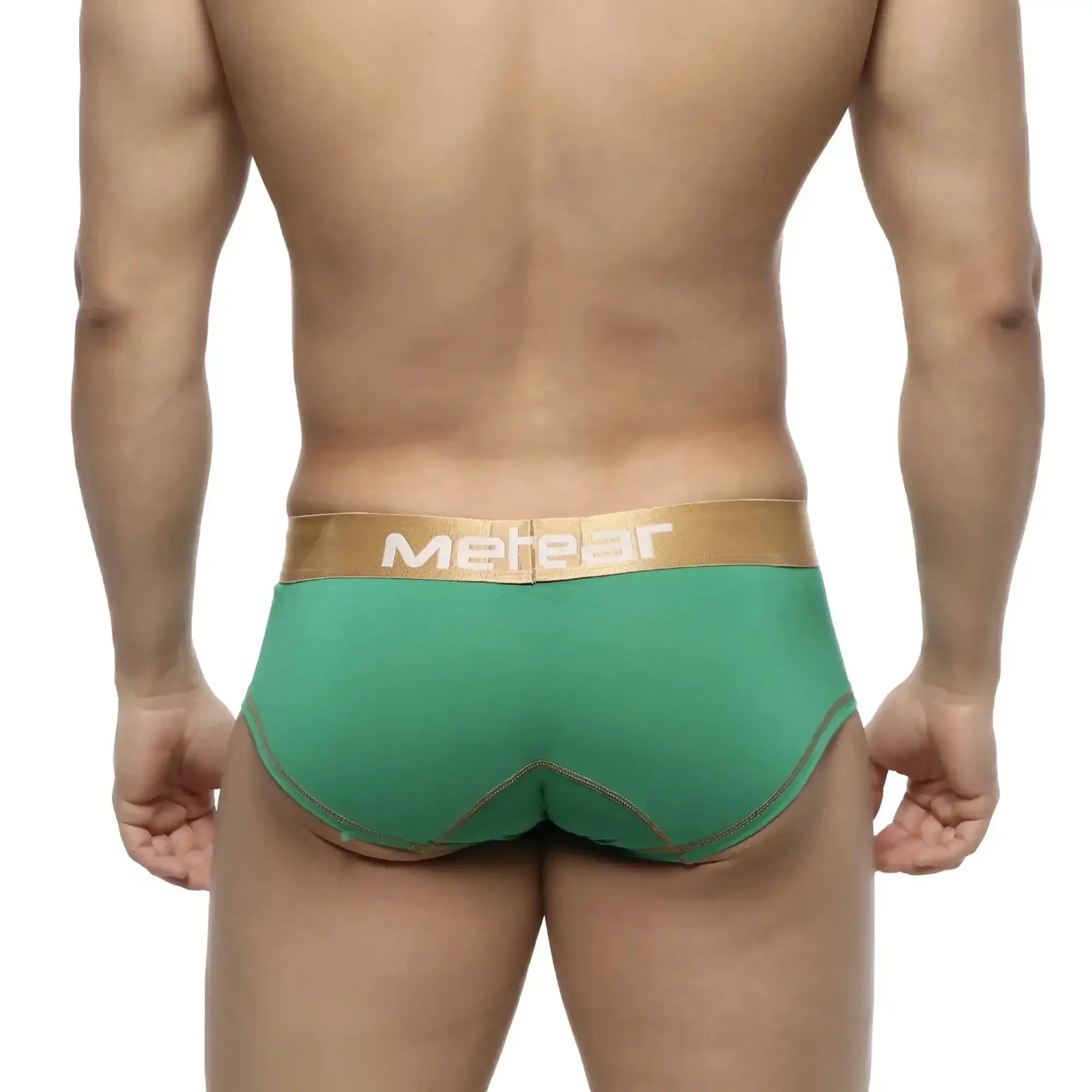 Green metear metro malewear micro mini boxer briefs in green with gold waistband and matching stitching front view