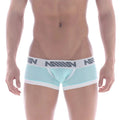 Light blue and white men’s briefs with a gray logo band from metromalewear micro mini boxer pastel green 7013-75