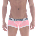 Pink men’s briefs with white waistband and gray miiiv logo and white trim metro male wear micro mini boxer pastel pink