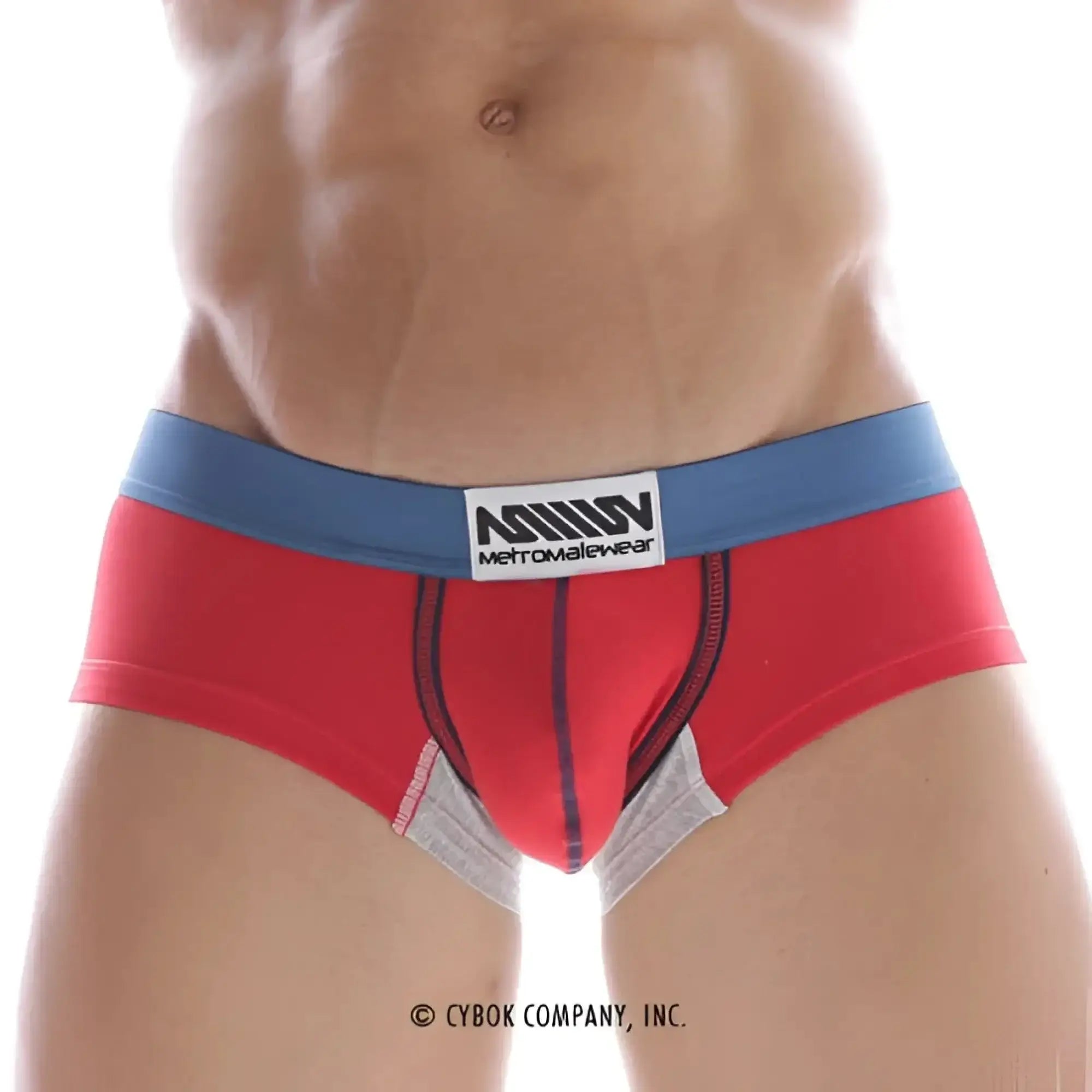 Metro malewear micro mini boxer red 7013-12 men’s red and blue briefs with gray mesh front panel.
