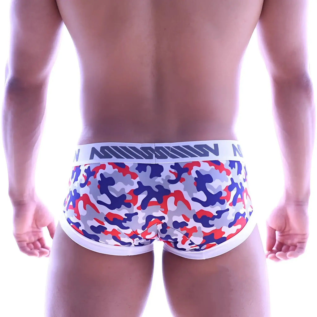 Men’s briefs in red blue and gray camouflage pattern with white mission waistband metro male wear micro mini boxer