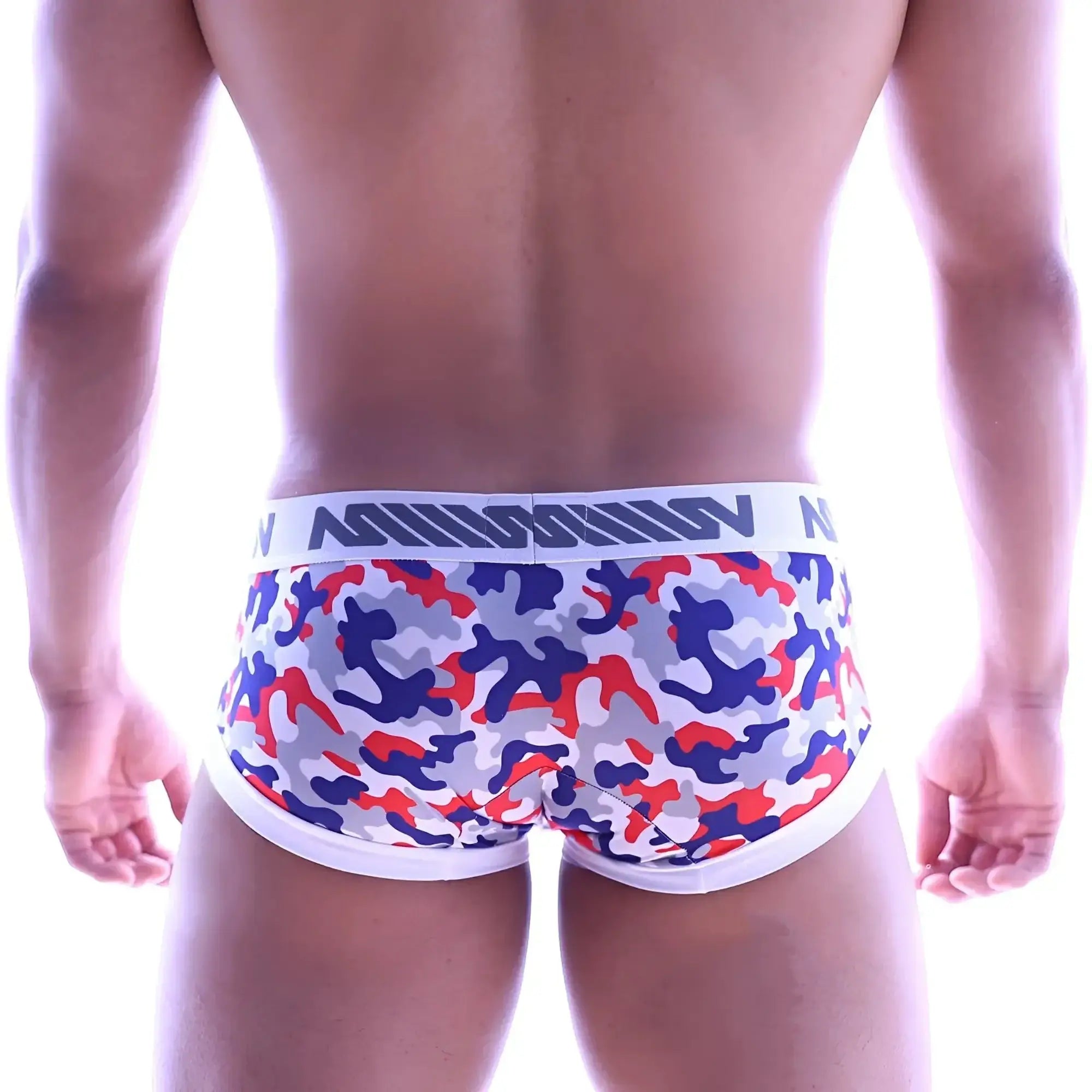 Men’s briefs in red blue and gray camouflage pattern with white mission waistband metro male wear micro mini boxer