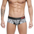 Black and white cityscape patterned mens briefs with red metro malewear logo on waistband