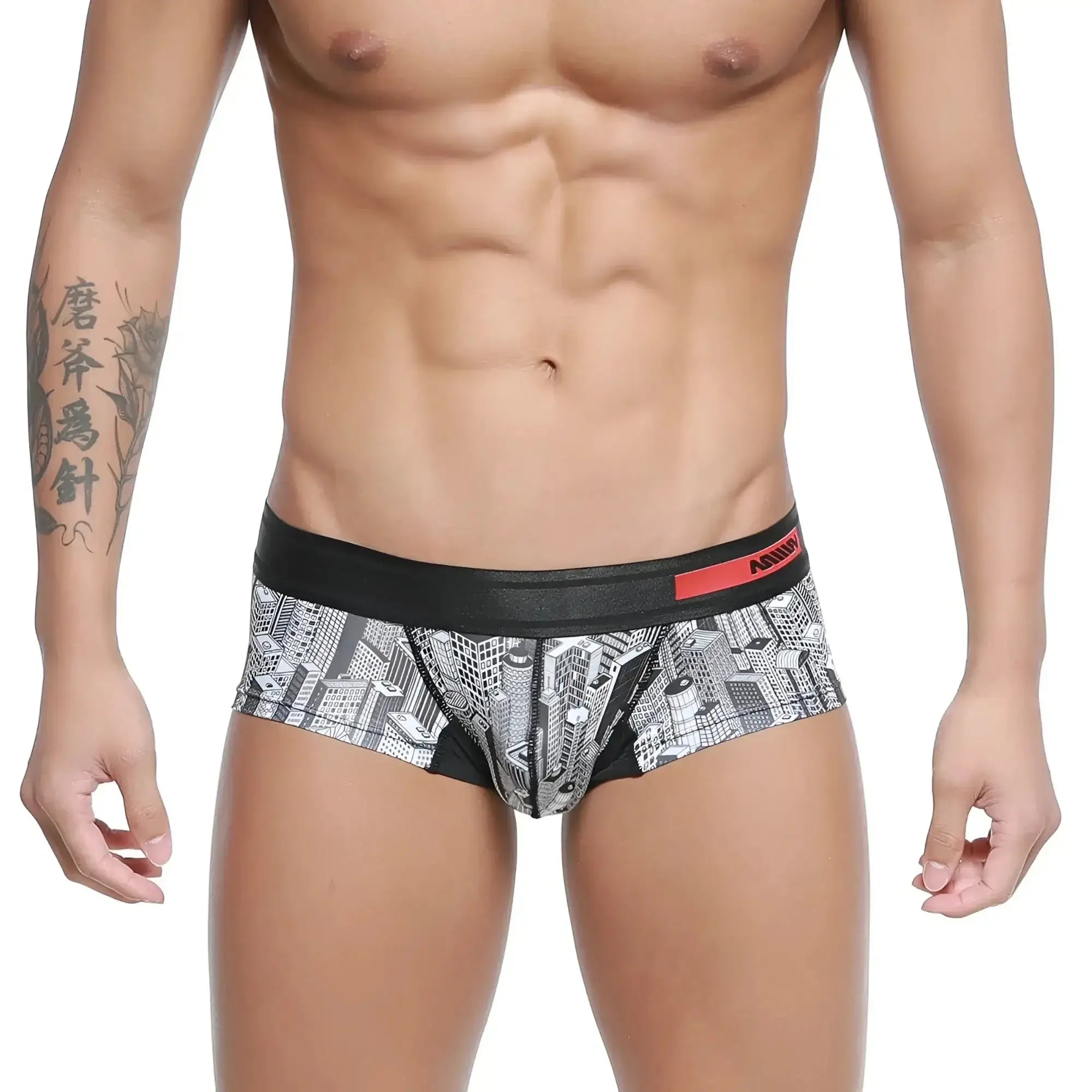 Black and white cityscape patterned mens briefs with red metro malewear logo on waistband