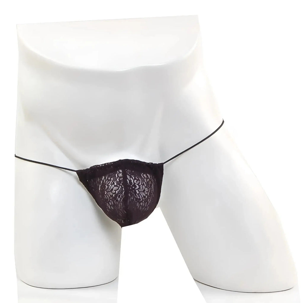 Black lace thong with thin elastic straps made of microfiber from metromalewear model 2015-48 in black