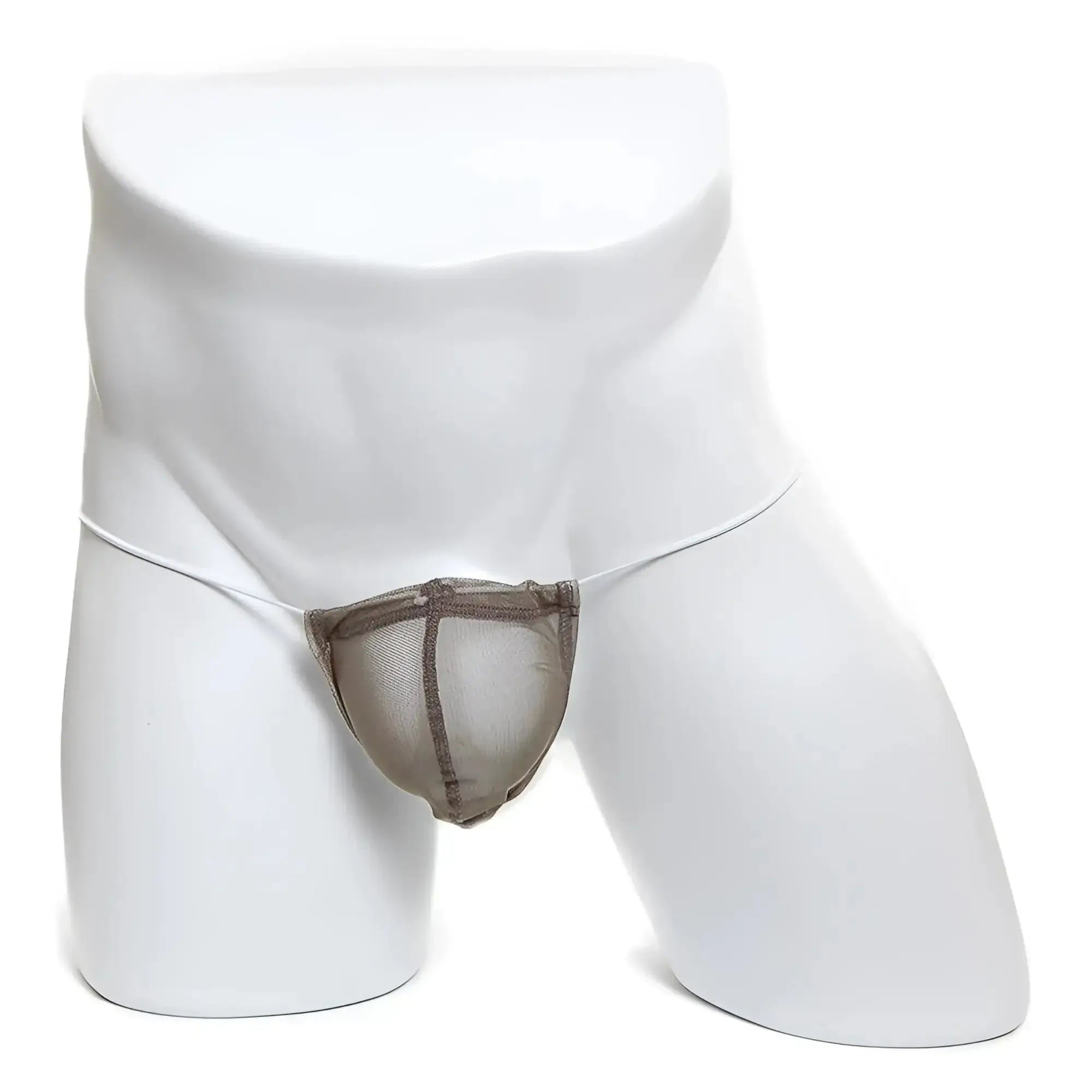 Taupe microfiber mesh thong with dark brown reinforced trim along edges and waistband from metromalewear g khaki 2015-48