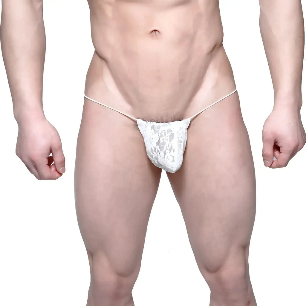 White lace thong with thin straps made of microfiber by MetroMaleWear model 2015-50 in white color