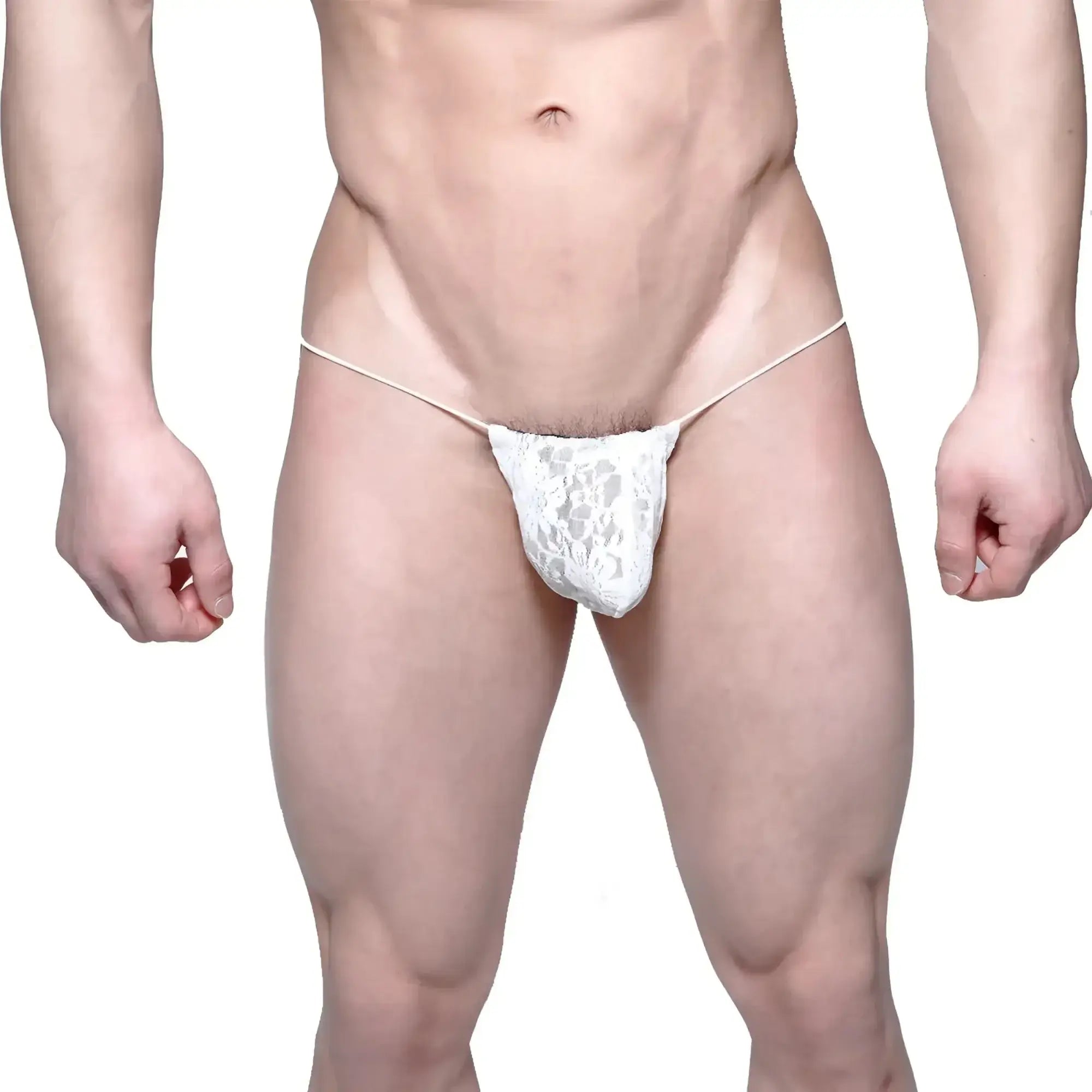 White lace thong with thin straps made of microfiber by MetroMaleWear model 2015-50 in white color