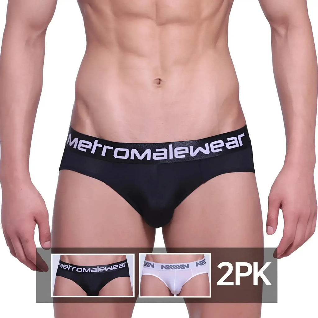 Black men’s microfiber briefs in a 2pk with a white metromalewear logo on the waistband