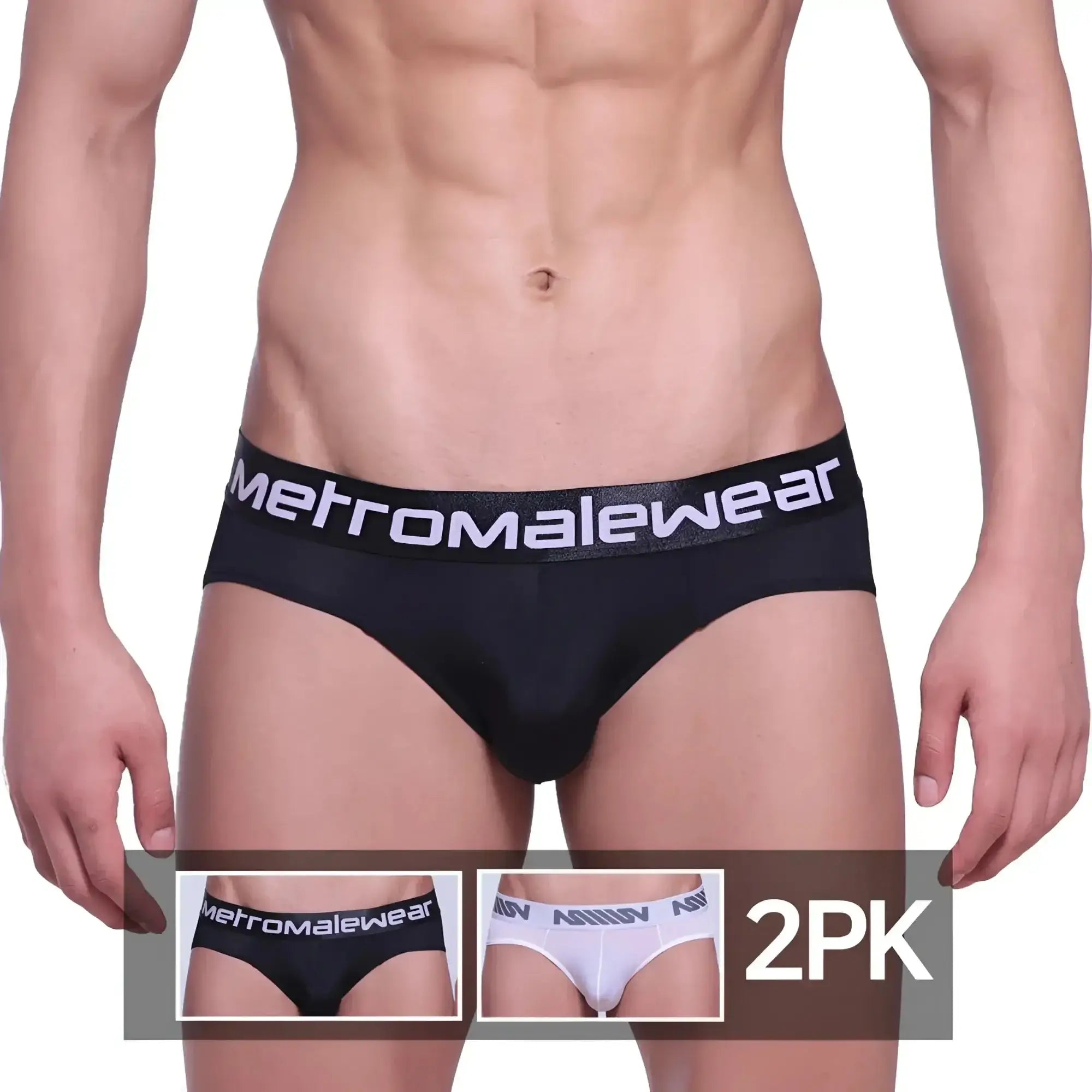 Black men’s microfiber briefs in a 2pk with a white metromalewear logo on the waistband